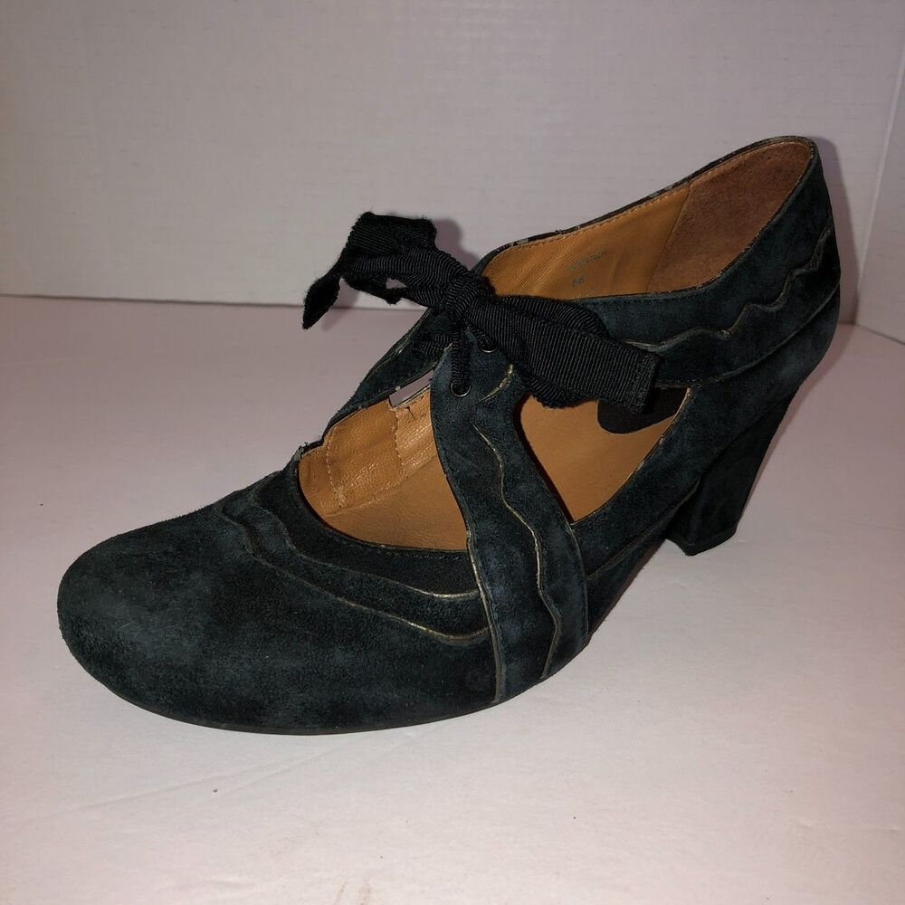 Earthies Sarenza Size 6 B Suede Cutout Mary Jane Block Heels Black Leather Shoes